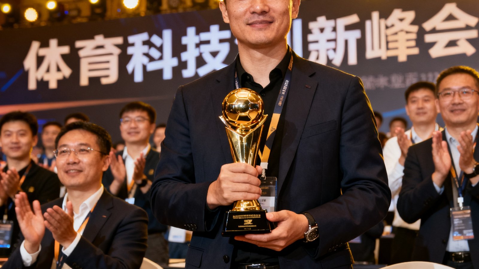 11人足球网代表在体育科技创新峰会上领取年度最佳体育数据服务商奖杯